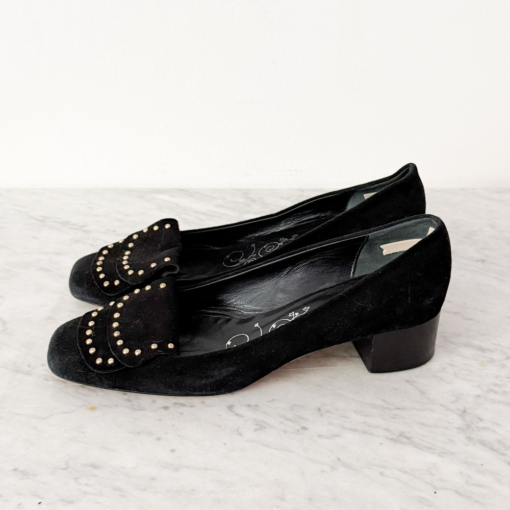 Tibi Block Heel Pumps Studded Suede Square Toe 8 Black Made in Italy Low Heel